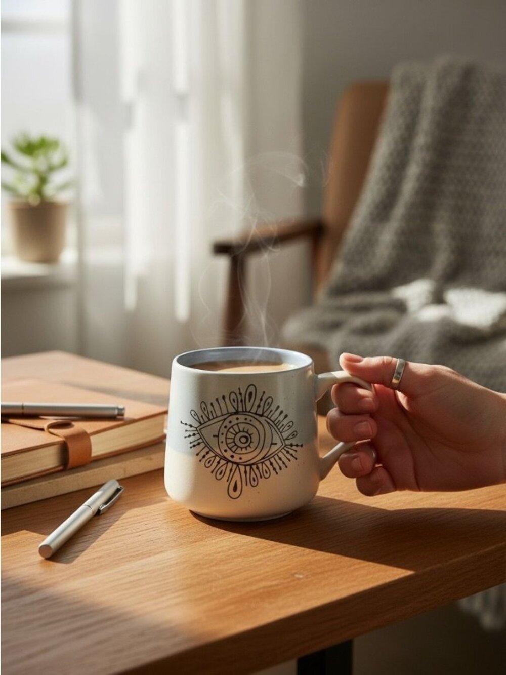 Ceramic Eye Design Mug With Blue & White Gradient Finish Bohemian Style